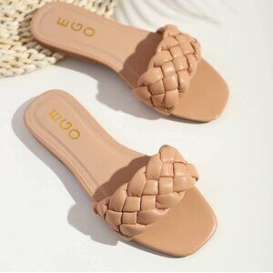 Nude Tan Creme Woven Flat Slippers Outdoor Casual PU Leather Shoes | 9.5